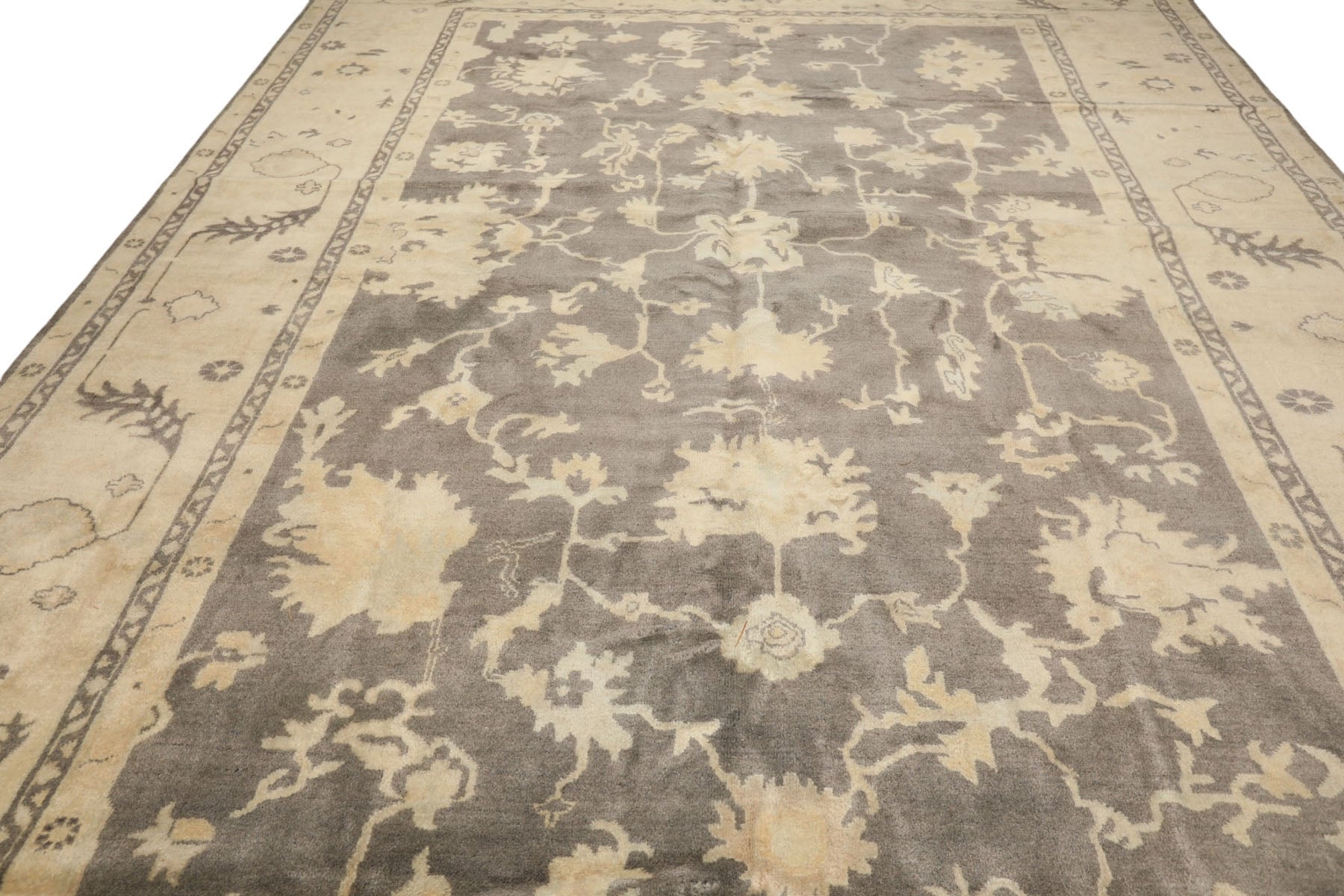 Palace Gray, Ivory, Light Gold Color Hand Knotted Oushak Wool Transitional Oriental Rug