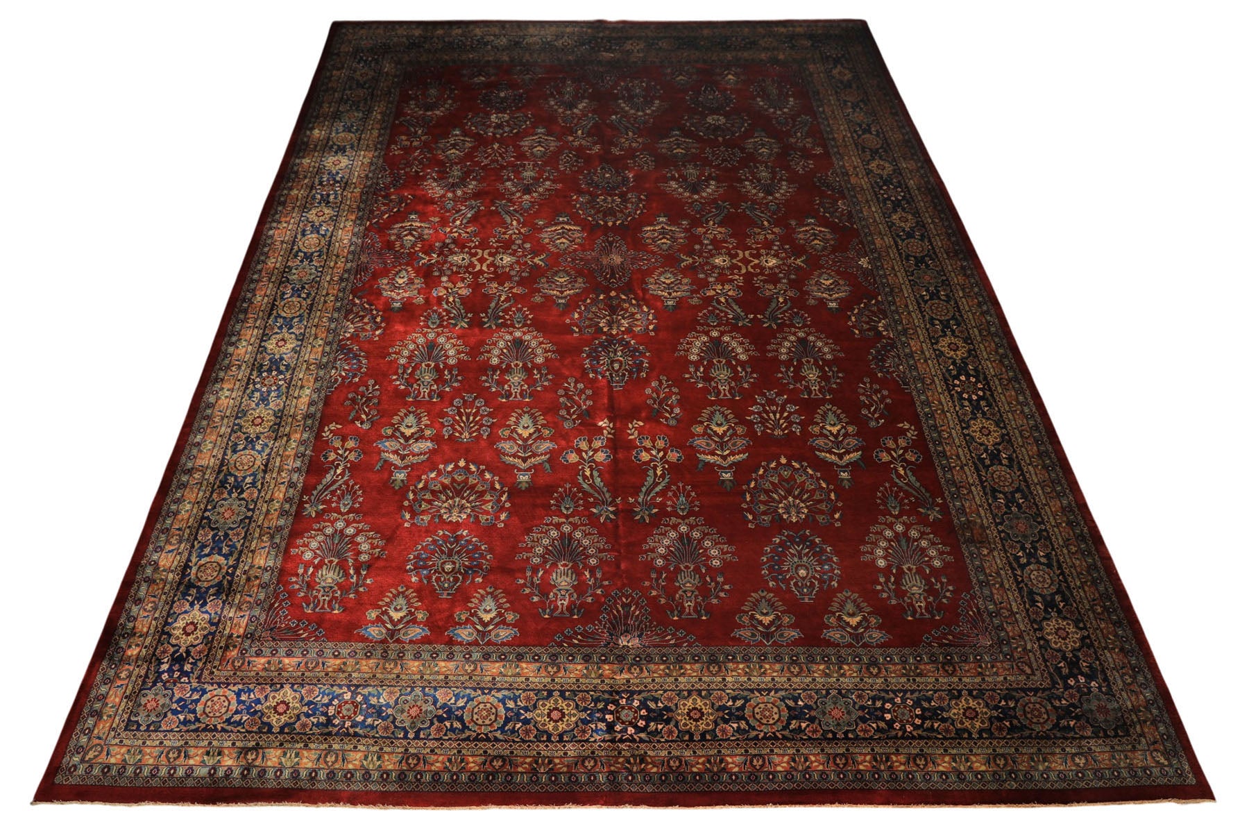 Runner Rusty Red, Navy, Mint Color Hand Knotted Sarouk New Zealand Wool Traditional Oriental Rug