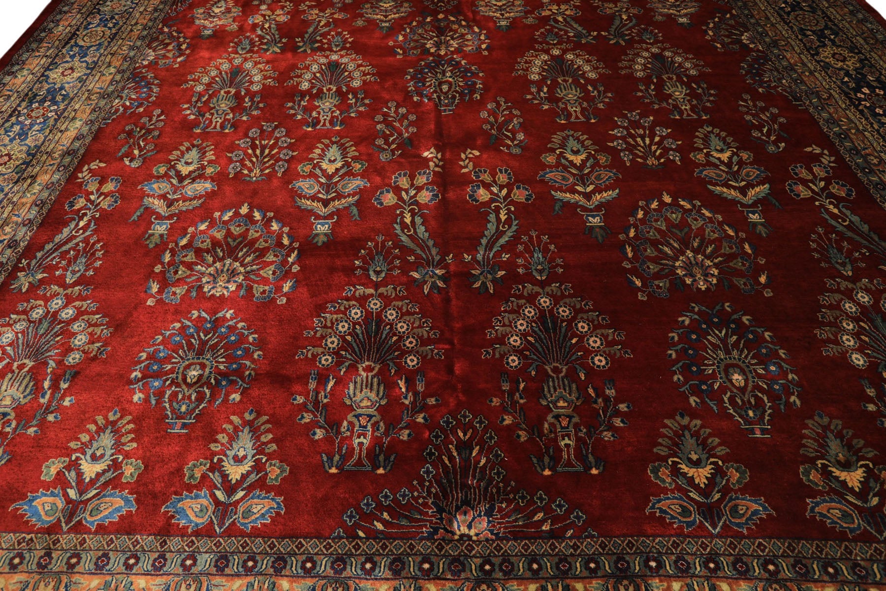 Runner Rusty Red, Navy, Mint Color Hand Knotted Sarouk New Zealand Wool Traditional Oriental Rug