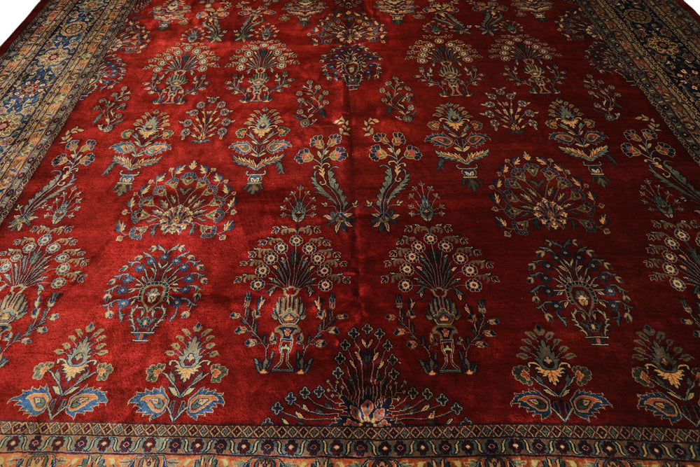Runner Rusty Red, Navy, Mint Color Hand Knotted Sarouk New Zealand Wool Traditional Oriental Rug