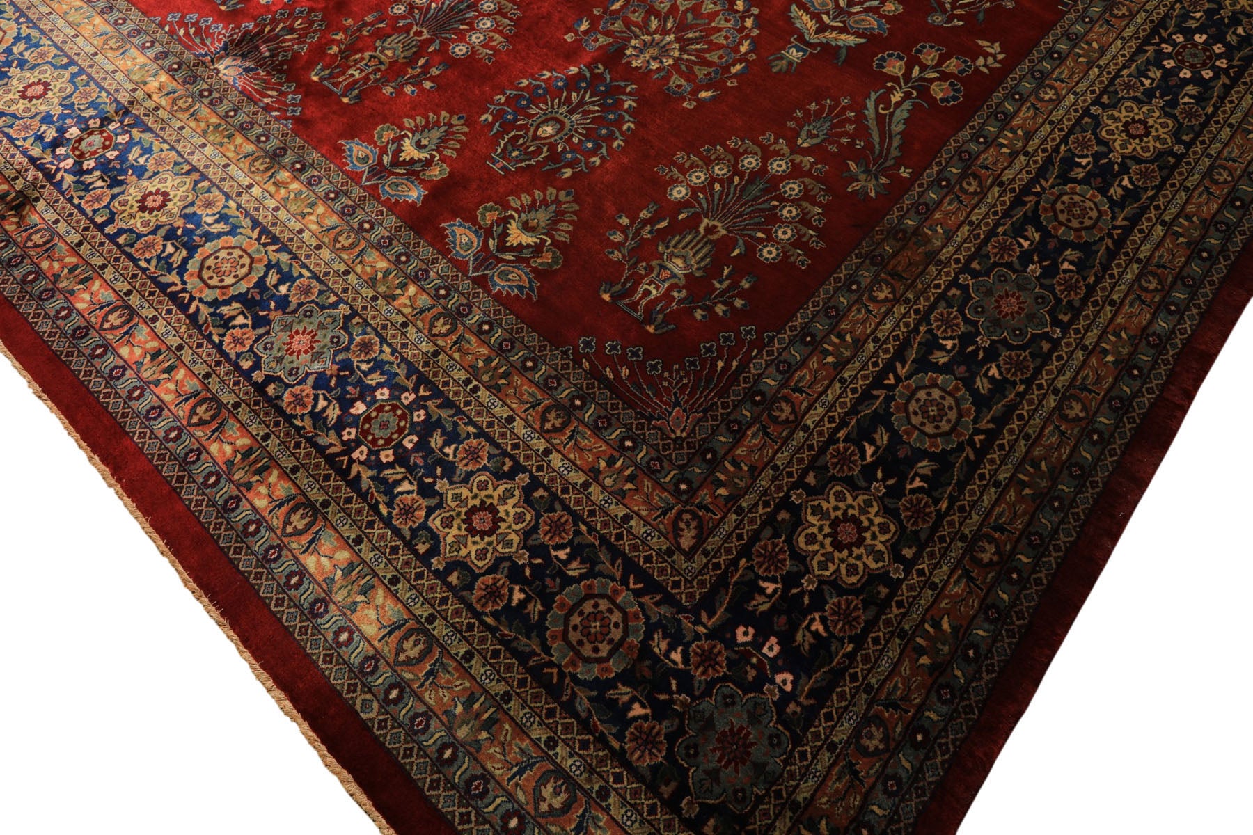 Runner Rusty Red, Navy, Mint Color Hand Knotted Sarouk New Zealand Wool Traditional Oriental Rug