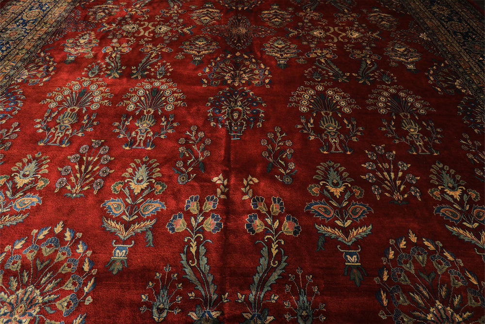 Runner Rusty Red, Navy, Mint Color Hand Knotted Sarouk New Zealand Wool Traditional Oriental Rug