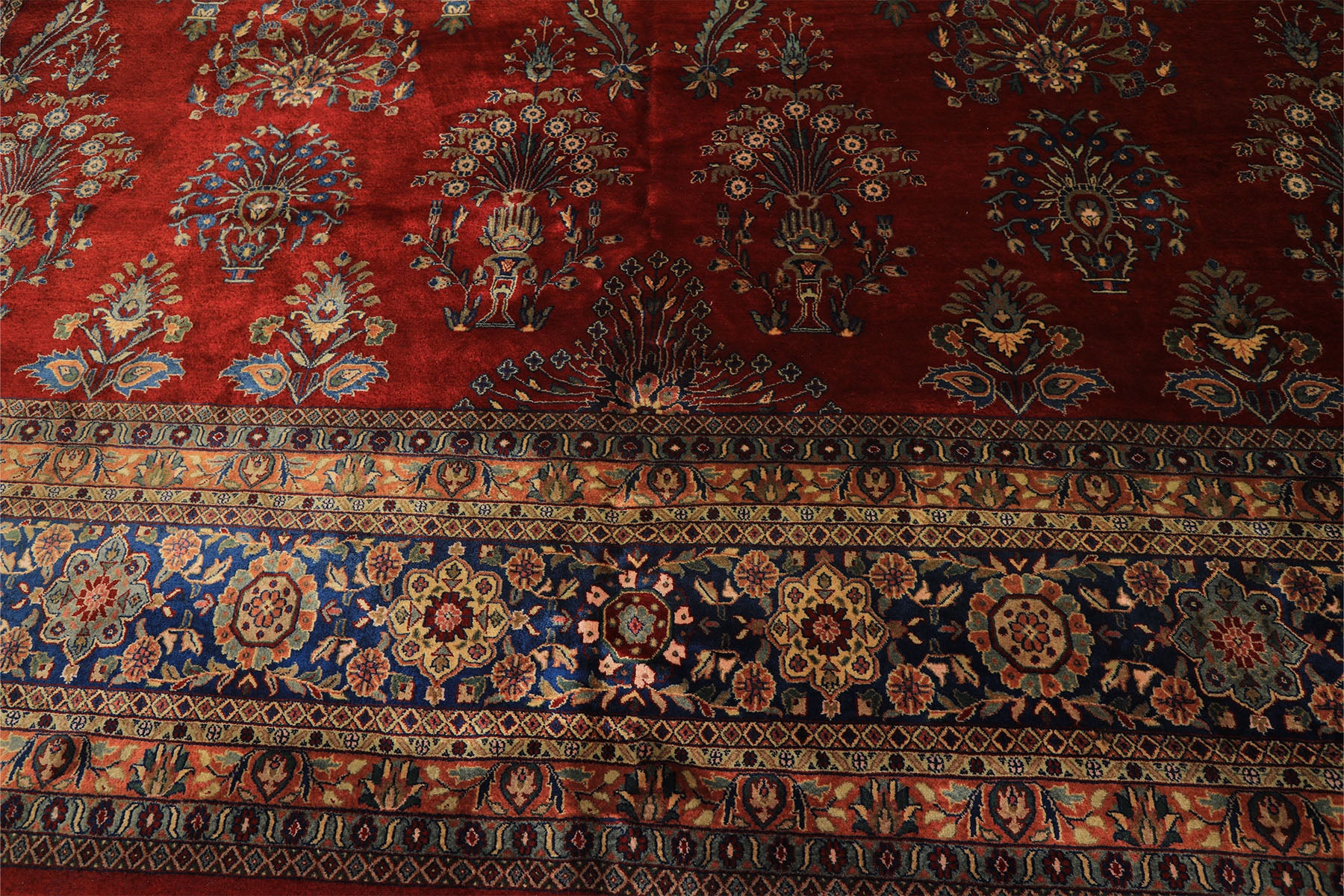 Runner Rusty Red, Navy, Mint Color Hand Knotted Sarouk New Zealand Wool Traditional Oriental Rug