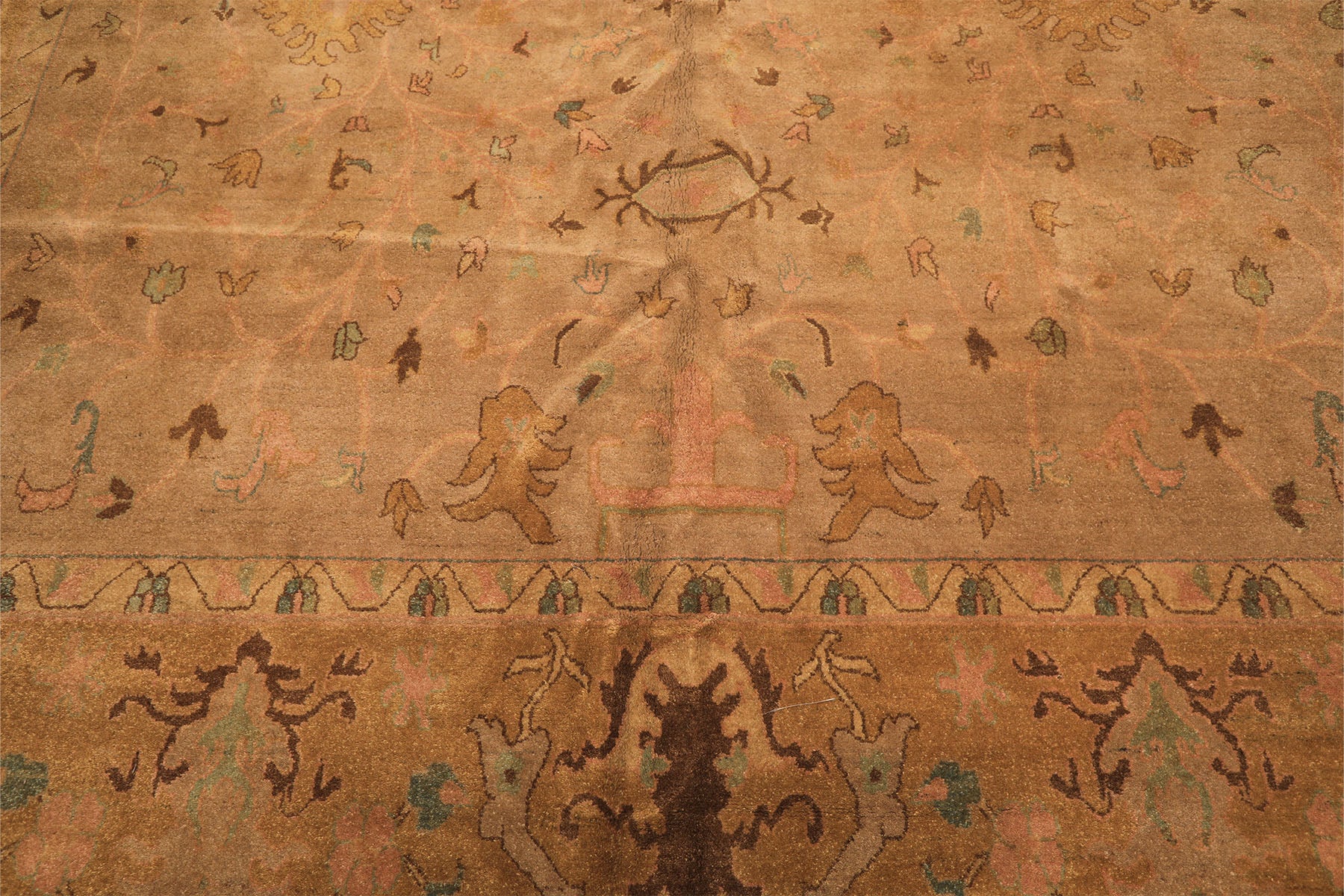 Palace Tan, Gold, Turquoise Color Hand Knotted Oushak Wool Transitional Oriental Rug