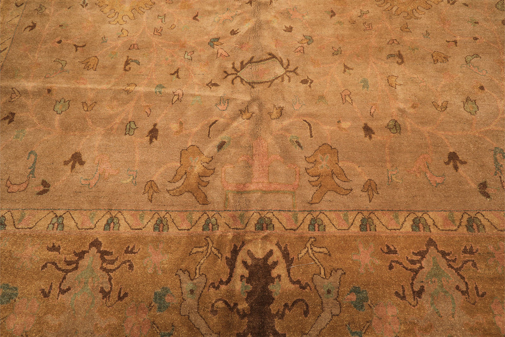Palace Tan, Gold, Turquoise Color Hand Knotted Oushak Wool Transitional Oriental Rug
