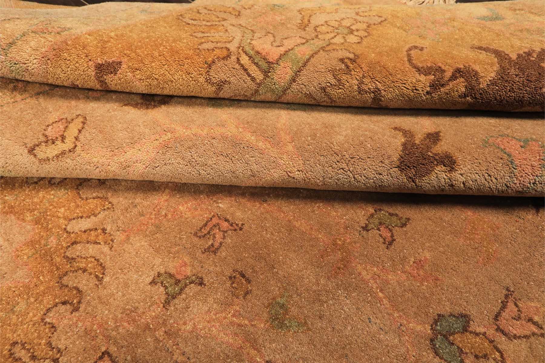 Palace Tan, Gold, Turquoise Color Hand Knotted Oushak Wool Transitional Oriental Rug