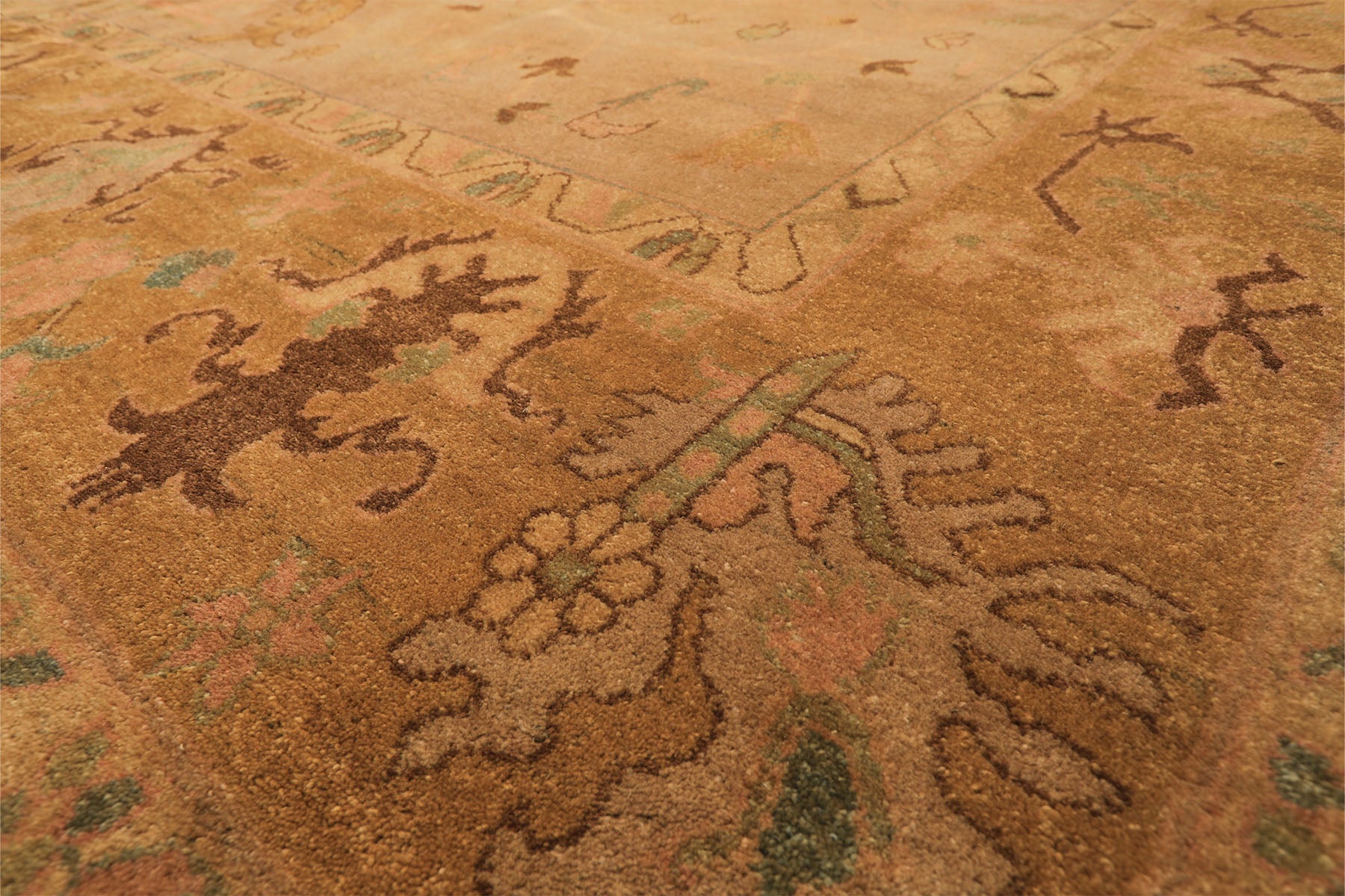 Palace Tan, Gold, Turquoise Color Hand Knotted Oushak Wool Transitional Oriental Rug
