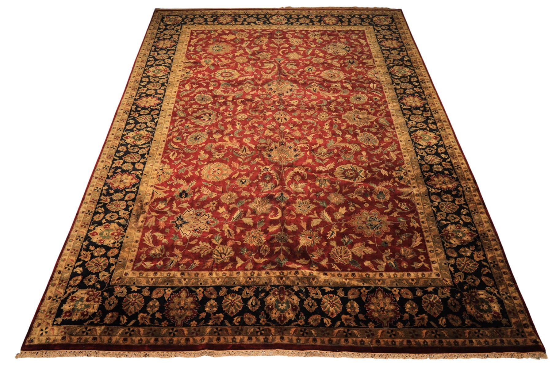 12x18 Burgundy, Black, Green Color Hand Knotted Agra New Zealand Wool Traditional Oriental Rug