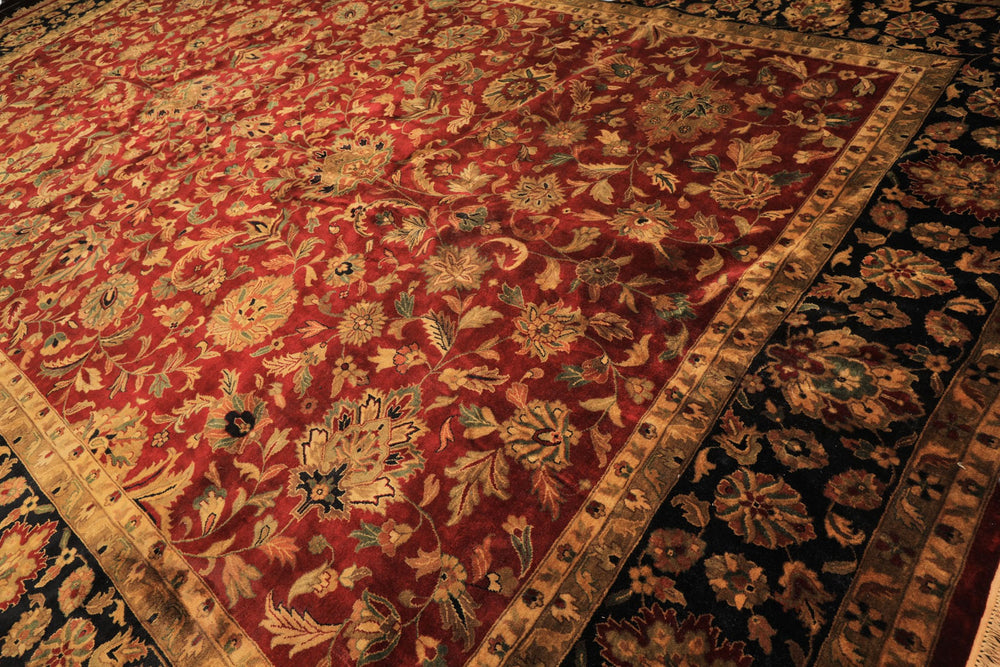 12x18 Burgundy, Black, Green Color Hand Knotted Agra New Zealand Wool Traditional Oriental Rug