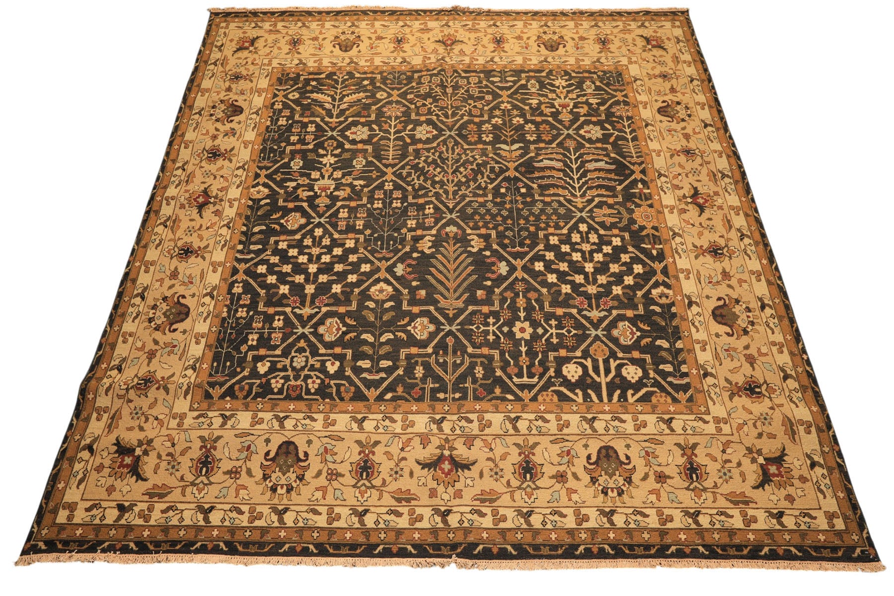 Square Charcoal, Tan, Rust Color Hand Knotted Soumak Wool Transitional Oriental Rug