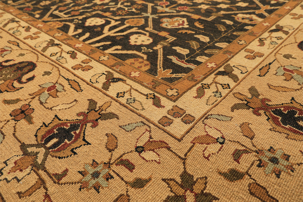 Square Charcoal, Tan, Rust Color Hand Knotted Soumak Wool Transitional Oriental Rug