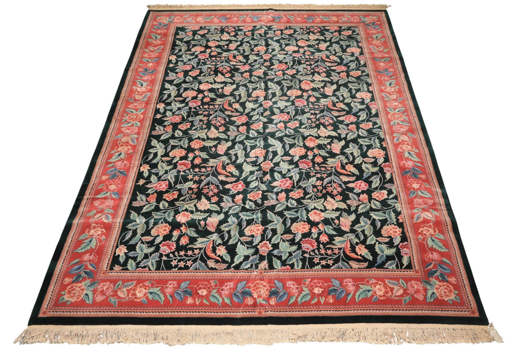 10x14 Emerald, Pink, Rose Color Hand Knotted Sino Persian Wool & Silk Traditional Oriental Rug