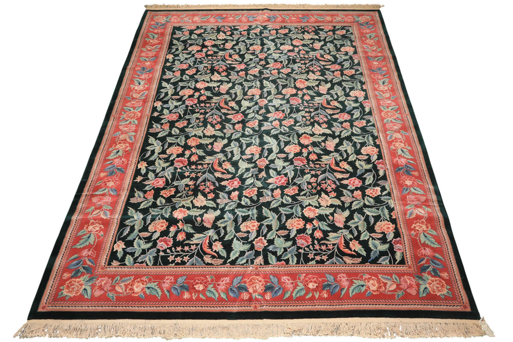 10x14 Emerald, Pink, Rose Color Hand Knotted Sino Persian Wool & Silk Traditional Oriental Rug