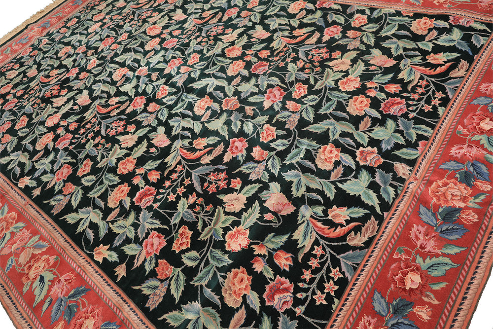 10x14 Emerald, Pink, Rose Color Hand Knotted Sino Persian Wool & Silk Traditional Oriental Rug