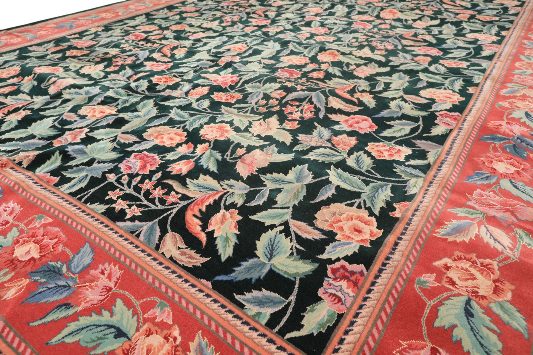 10x14 Emerald, Pink, Rose Color Hand Knotted Sino Persian Wool & Silk Traditional Oriental Rug