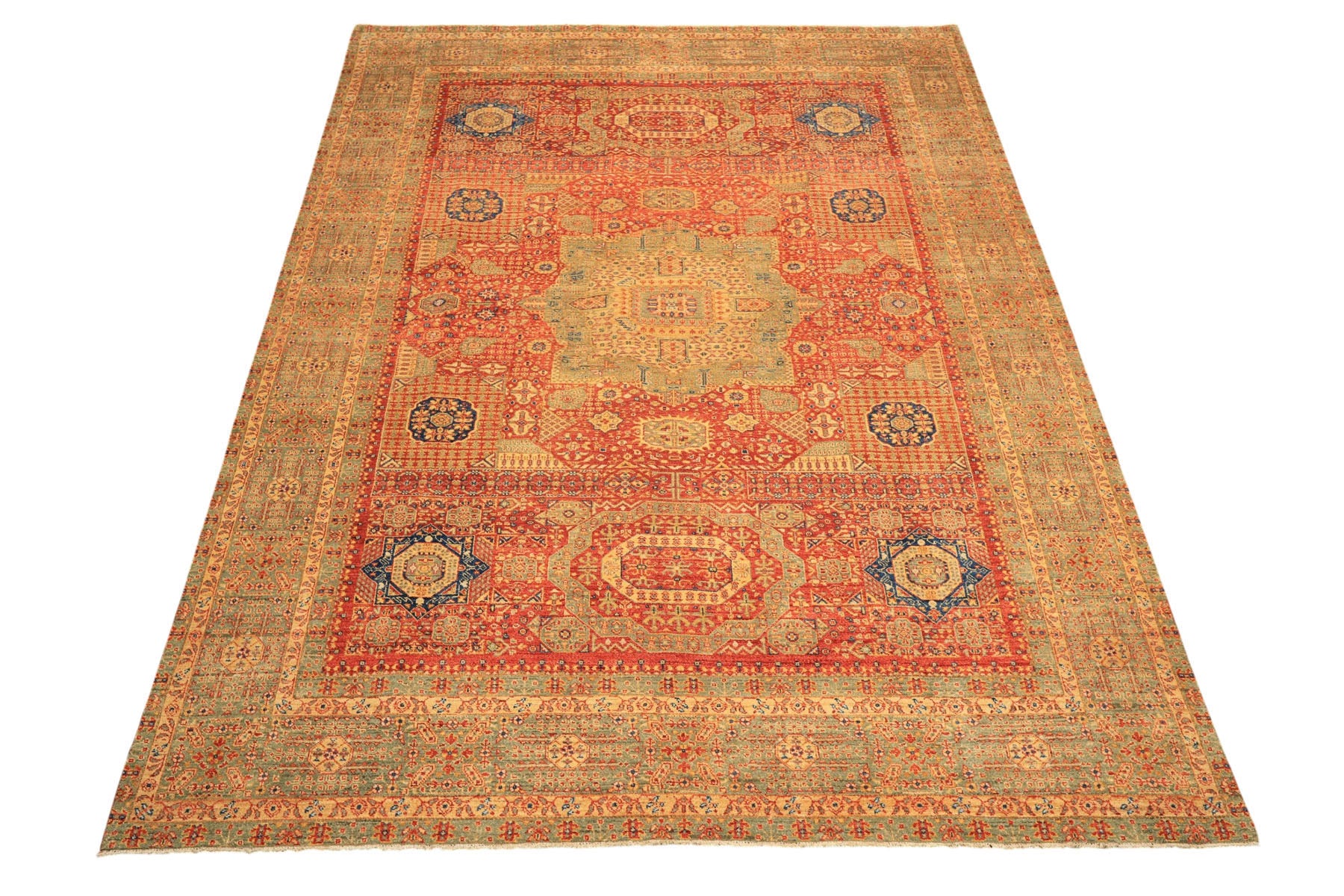 9x12 Burnt Orange, Gold, Celadone Color Hand Knotted Cairene Mamluk Wool Traditional Oriental Rug