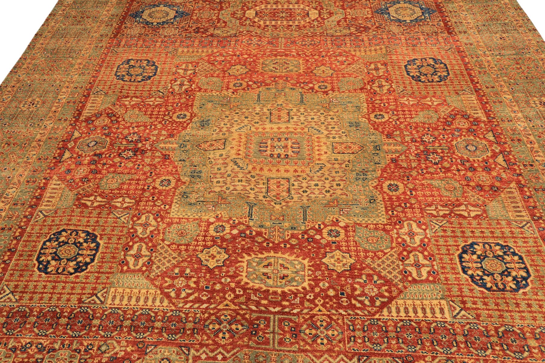9x12 Burnt Orange, Gold, Celadone Color Hand Knotted Cairene Mamluk Wool Traditional Oriental Rug