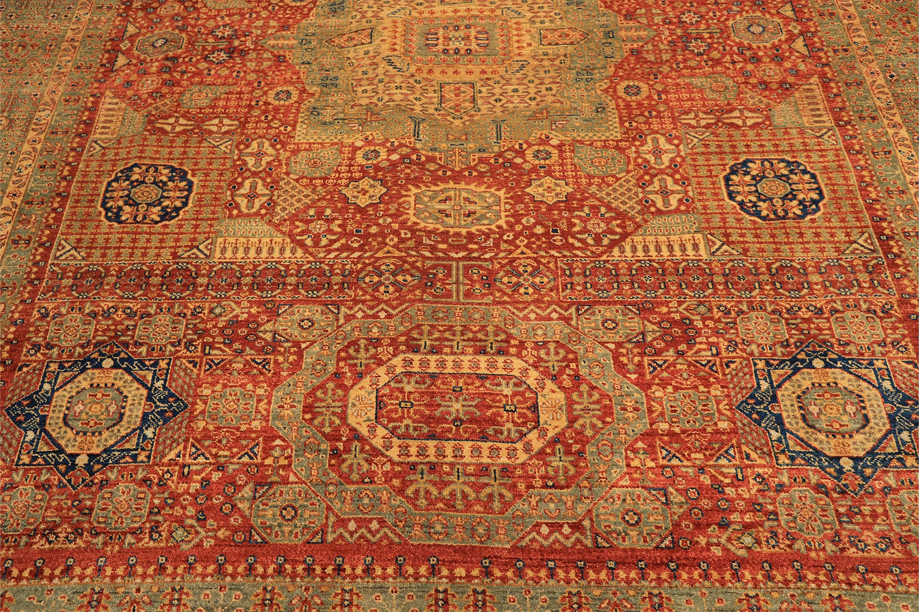 9x12 Burnt Orange, Gold, Celadone Color Hand Knotted Cairene Mamluk Wool Traditional Oriental Rug
