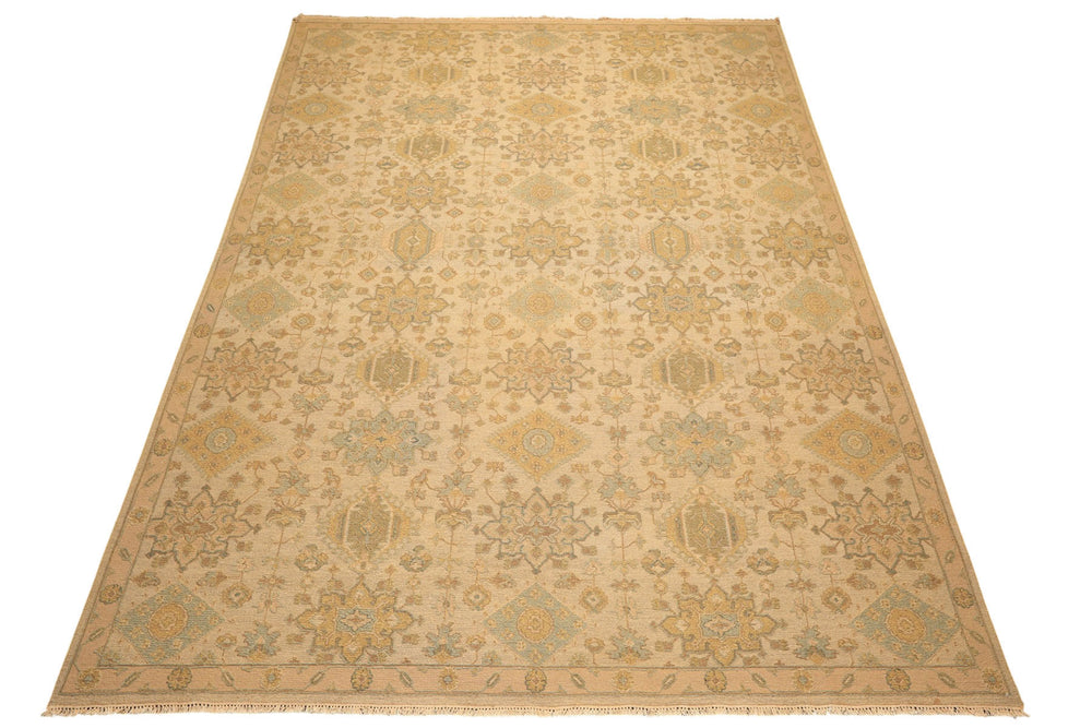 9x12 Beige, Mint, Peach Color Hand Knotted Soumak Wool Transitional Oriental Rug