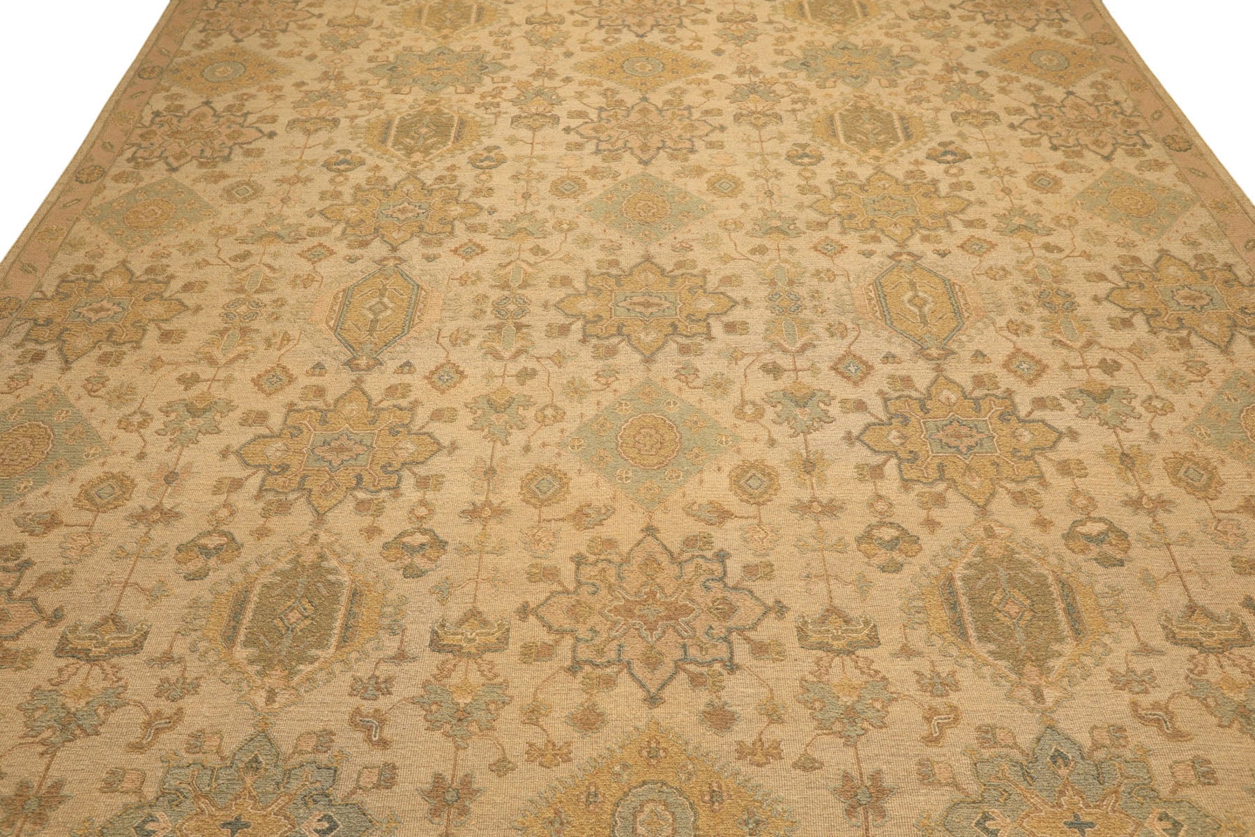 9x12 Beige, Mint, Peach Color Hand Knotted Soumak Wool Transitional Oriental Rug