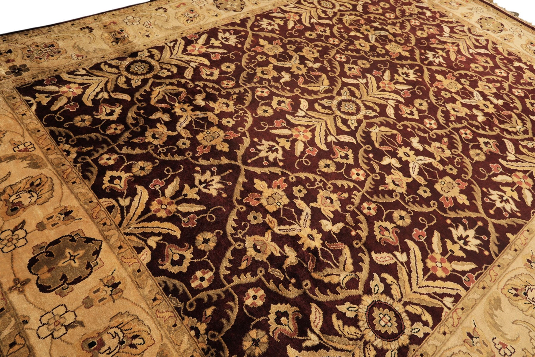 9x12 Maroon, Light Gold, Beige Color Hand Knotted Agra New Zealand Wool Traditional Oriental Rug