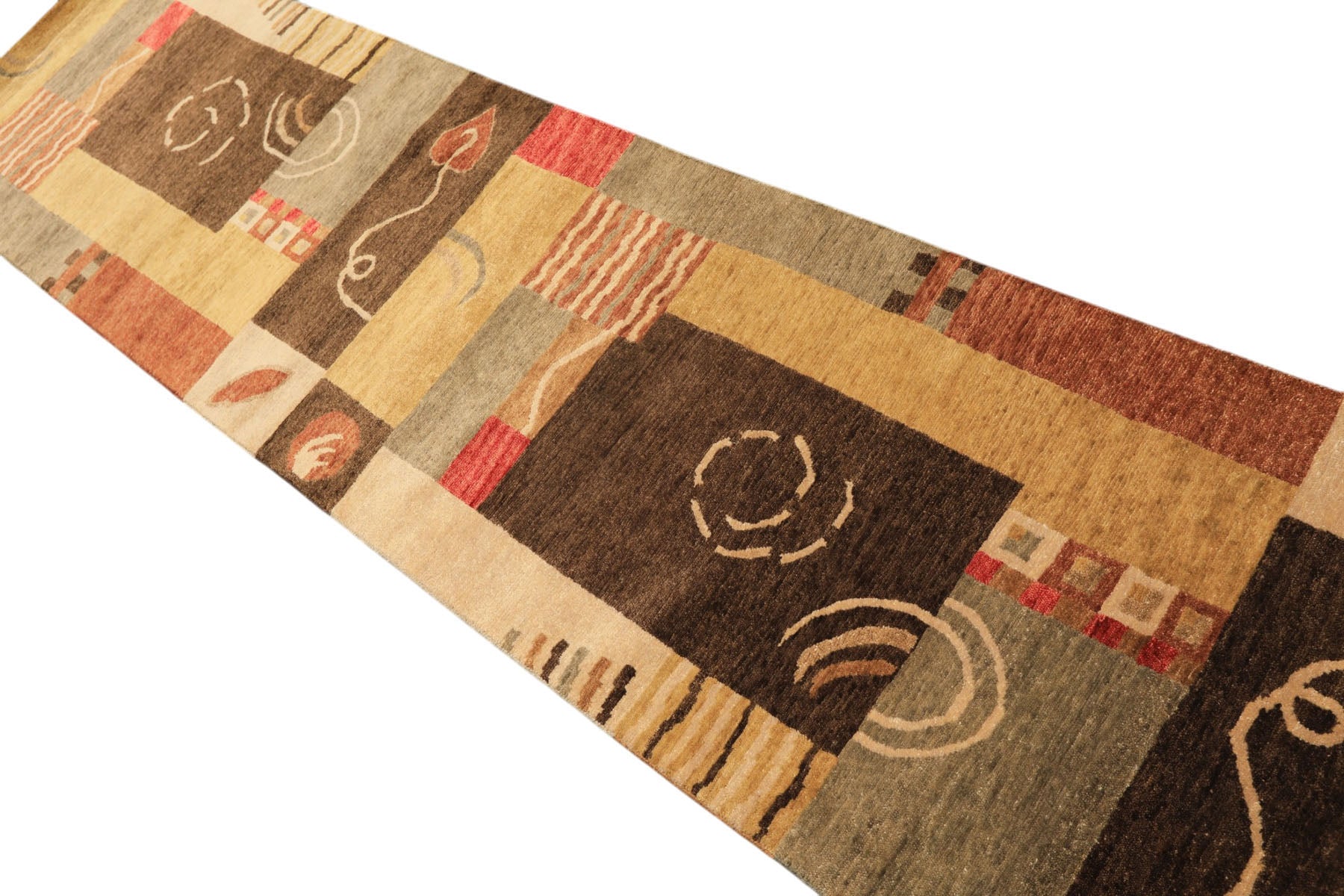 2'6x10 Gold, Brown, Rose Color Hand Knotted Tibetan New Zealand Wool Modern & Contemporary Oriental Rug