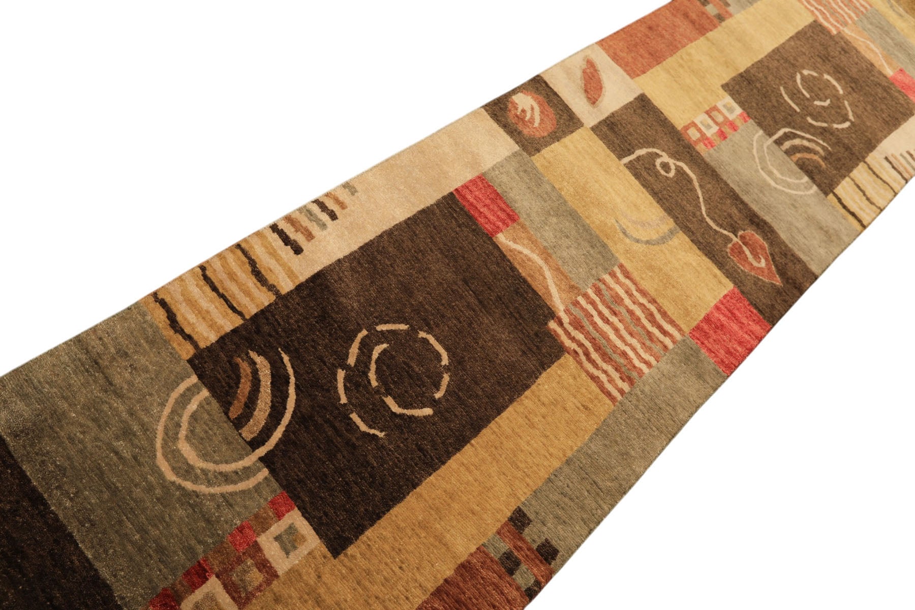 2'6x10 Gold, Brown, Rose Color Hand Knotted Tibetan New Zealand Wool Modern & Contemporary Oriental Rug