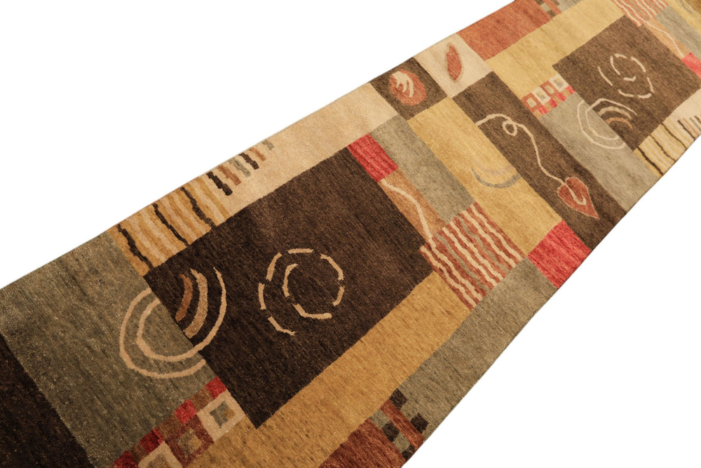 2'6x10 Gold, Brown, Rose Color Hand Knotted Tibetan New Zealand Wool Modern & Contemporary Oriental Rug