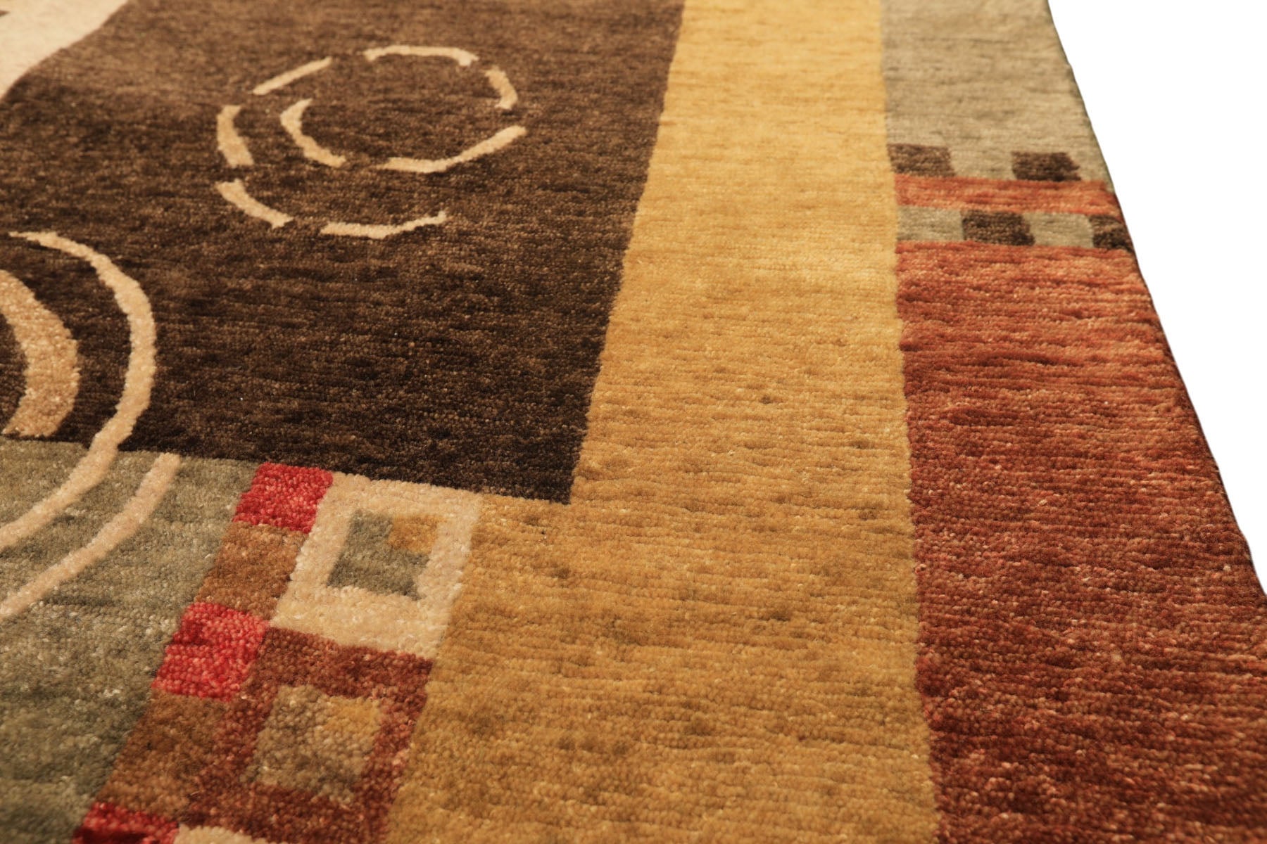 2'6x10 Gold, Brown, Rose Color Hand Knotted Tibetan New Zealand Wool Modern & Contemporary Oriental Rug