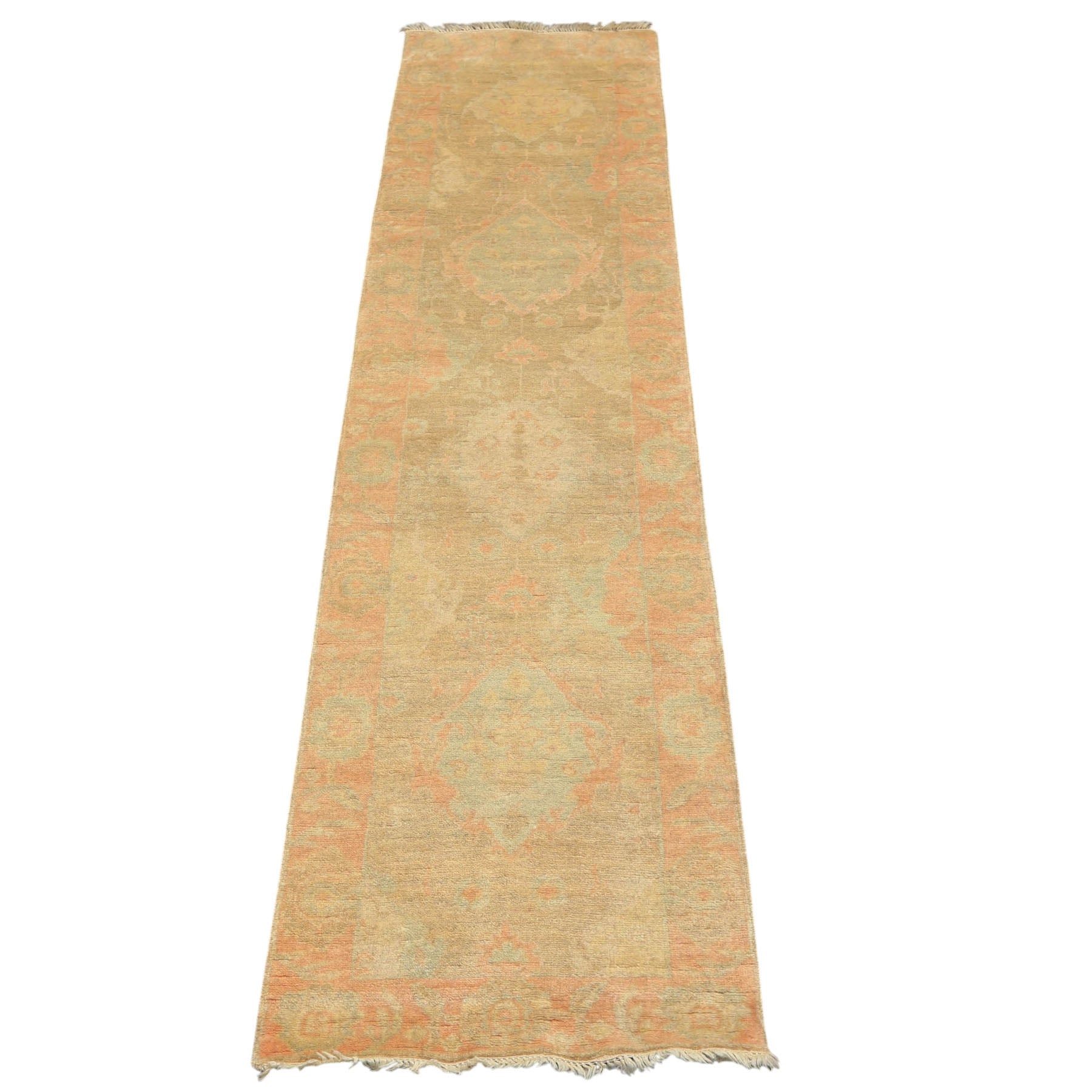 2'6x10 Beige, Mint, Blush Color Hand Knotted Oushak Wool Transitional Oriental Rug
