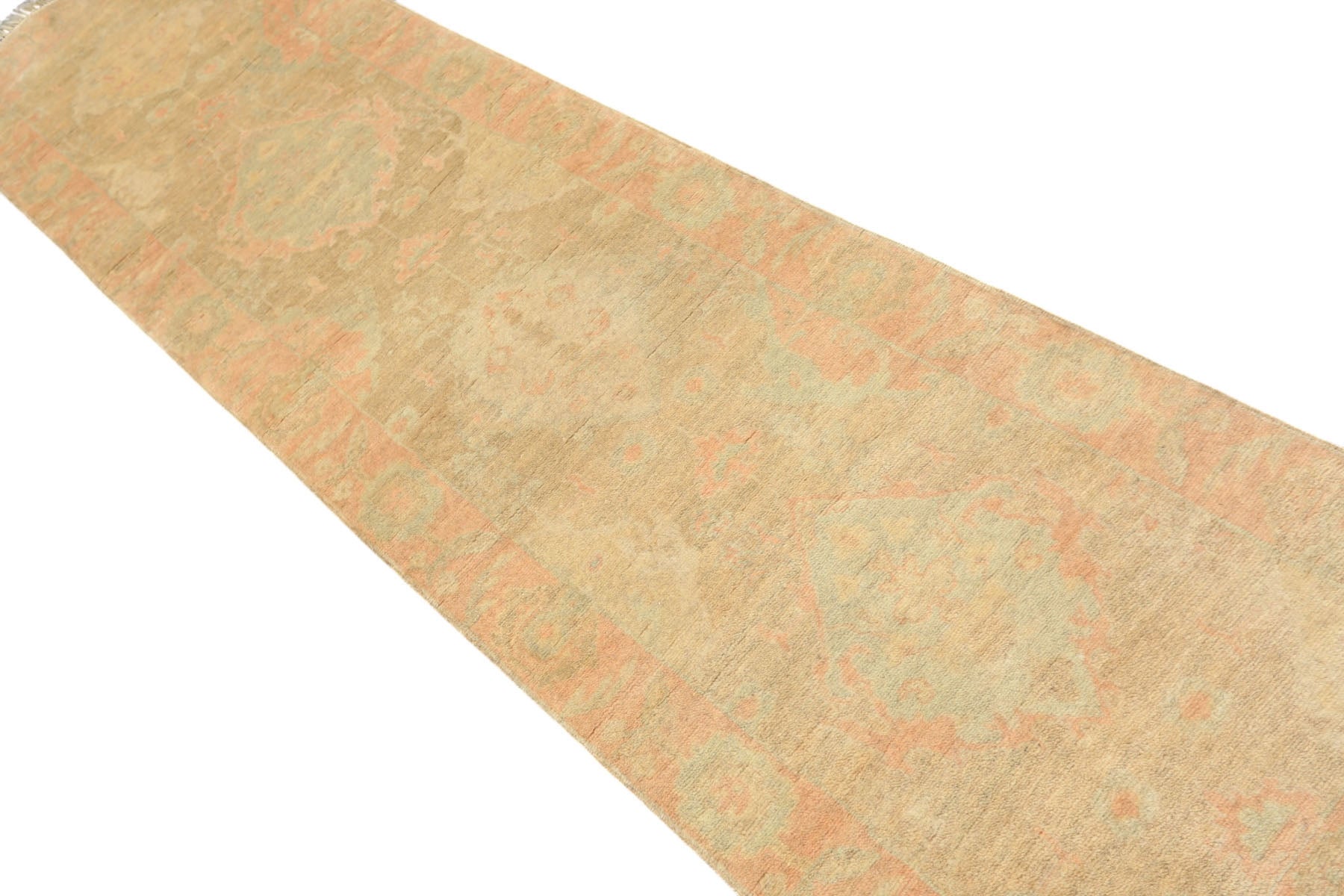 2'6x10 Beige, Mint, Blush Color Hand Knotted Oushak Wool Transitional Oriental Rug