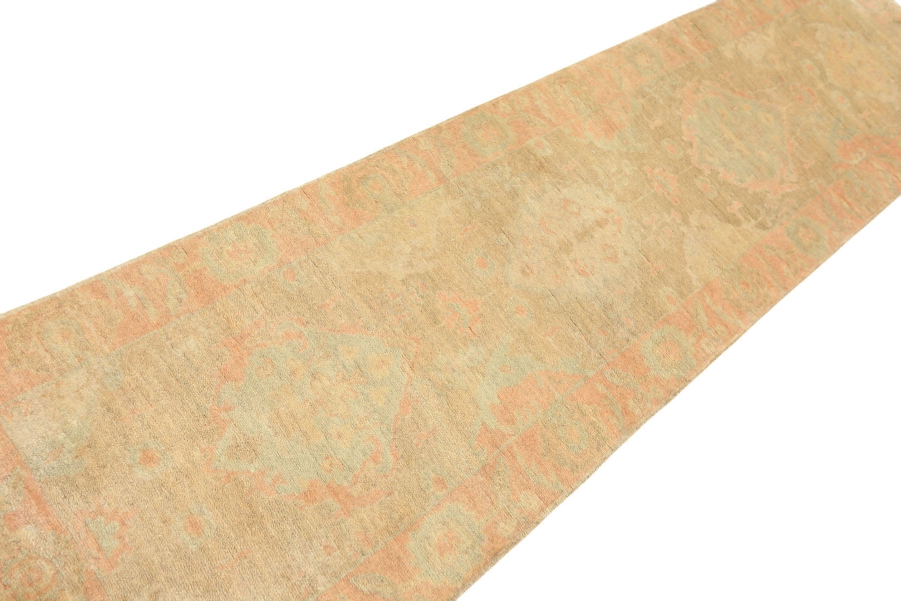 2'6x10 Beige, Mint, Blush Color Hand Knotted Oushak Wool Transitional Oriental Rug