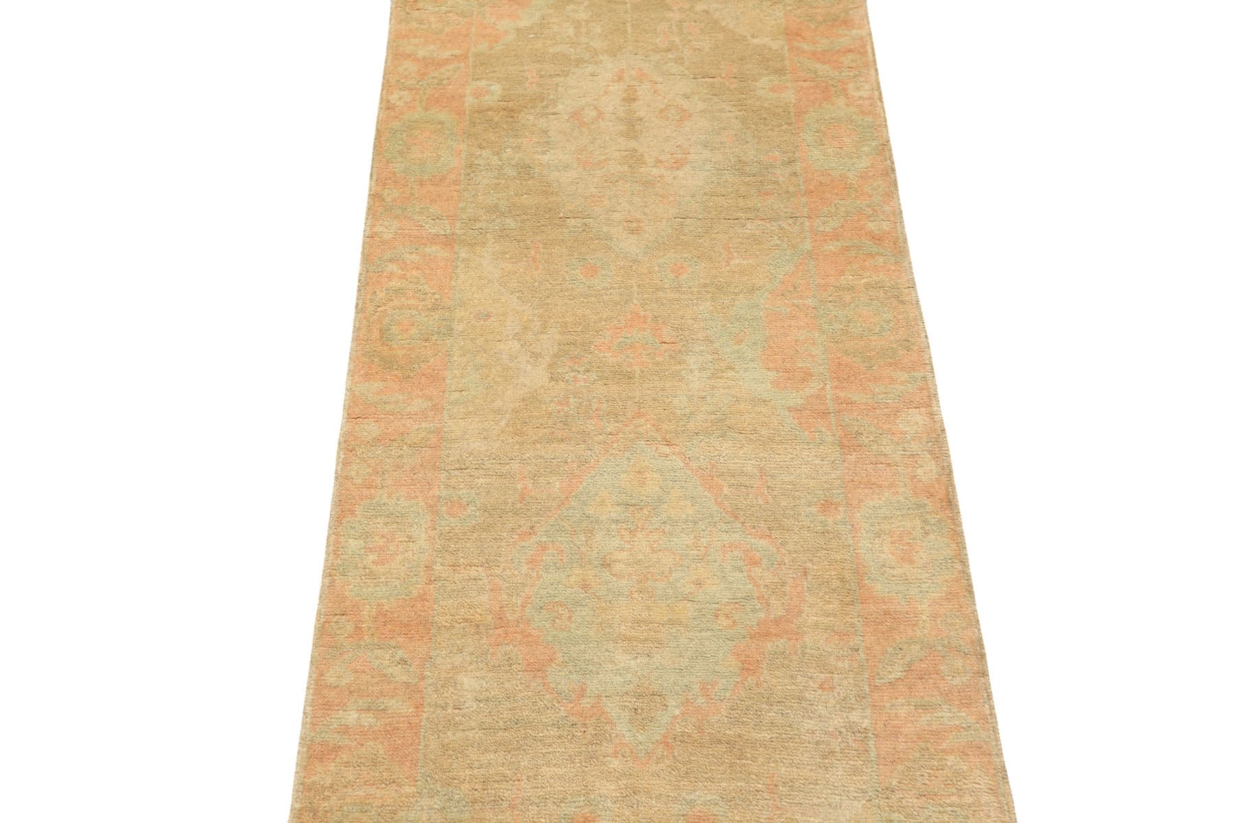 2'6x10 Beige, Mint, Blush Color Hand Knotted Oushak Wool Transitional Oriental Rug