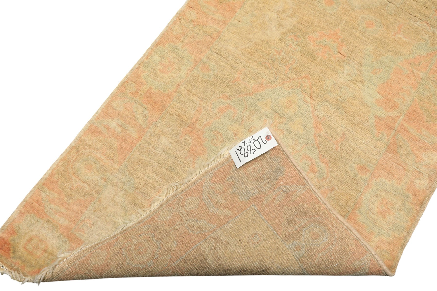2'6x10 Beige, Mint, Blush Color Hand Knotted Oushak Wool Transitional Oriental Rug