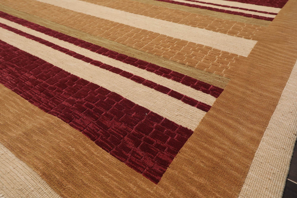 9x12 Burgundy, Tan, Sage Color Hand Knotted  100% Wool Modern Oriental Rug