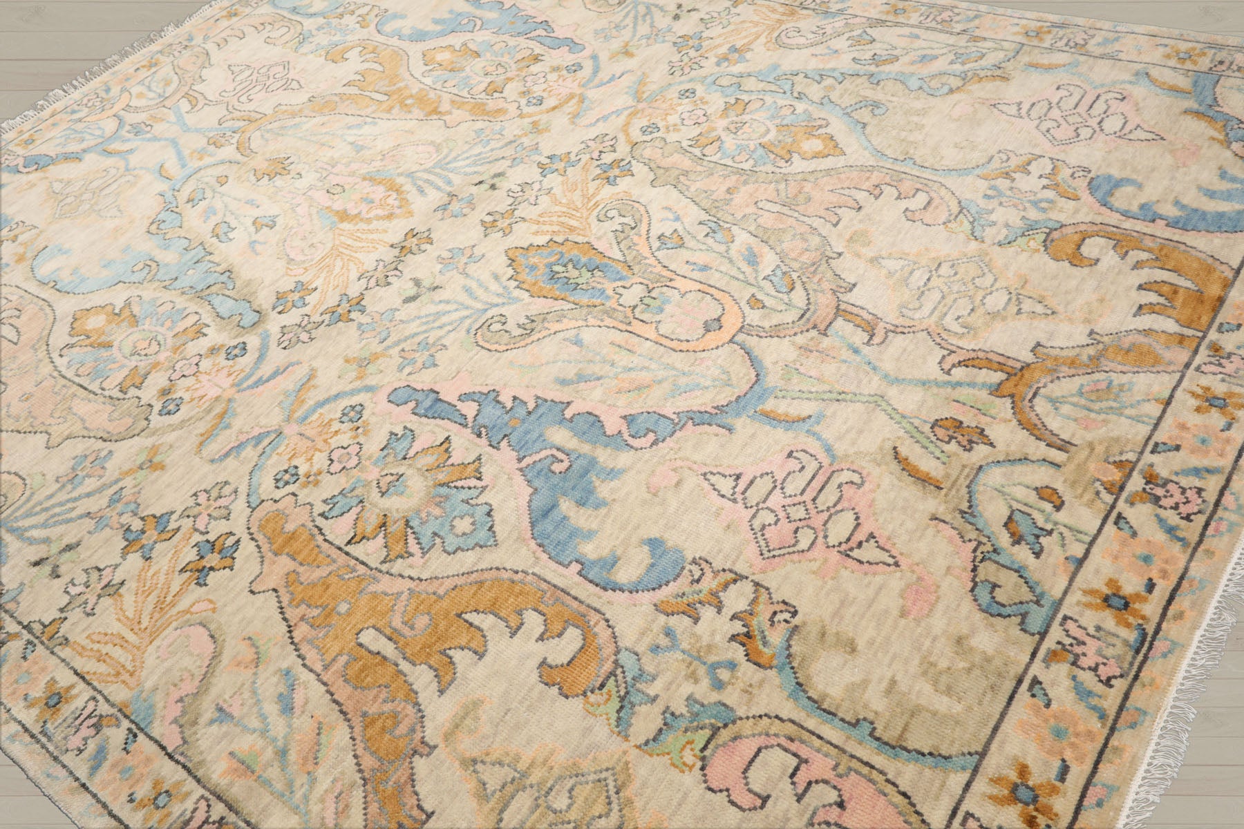 Multi Size Beige Blue Aqua Color Hand Knotted Oushak Wool Transitional Oriental Rug