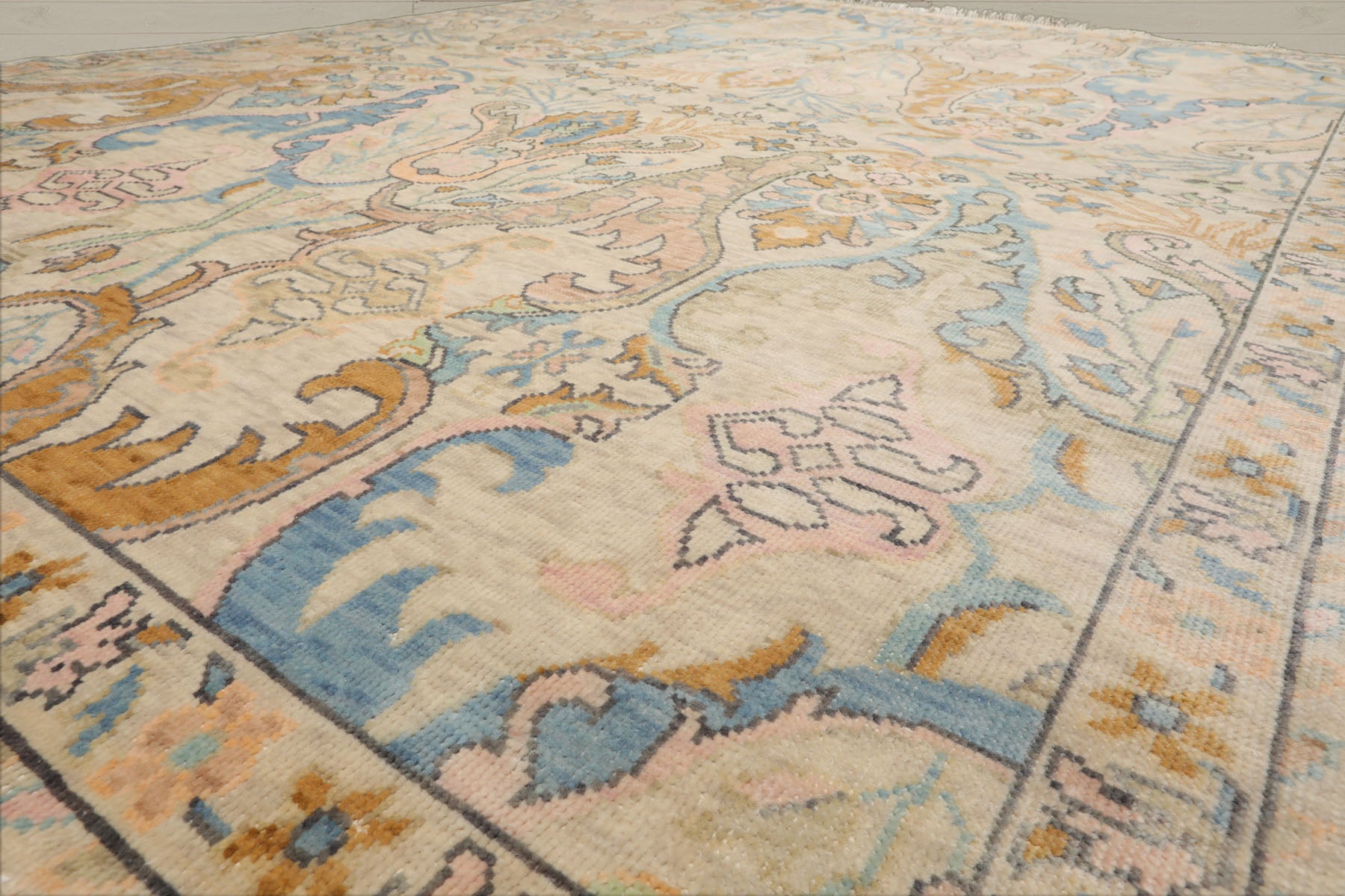 Multi Size Beige Blue Aqua Color Hand Knotted Oushak Wool Transitional Oriental Rug