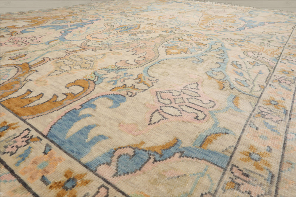 Multi Size Beige Blue Aqua Color Hand Knotted Oushak Wool Transitional Oriental Rug