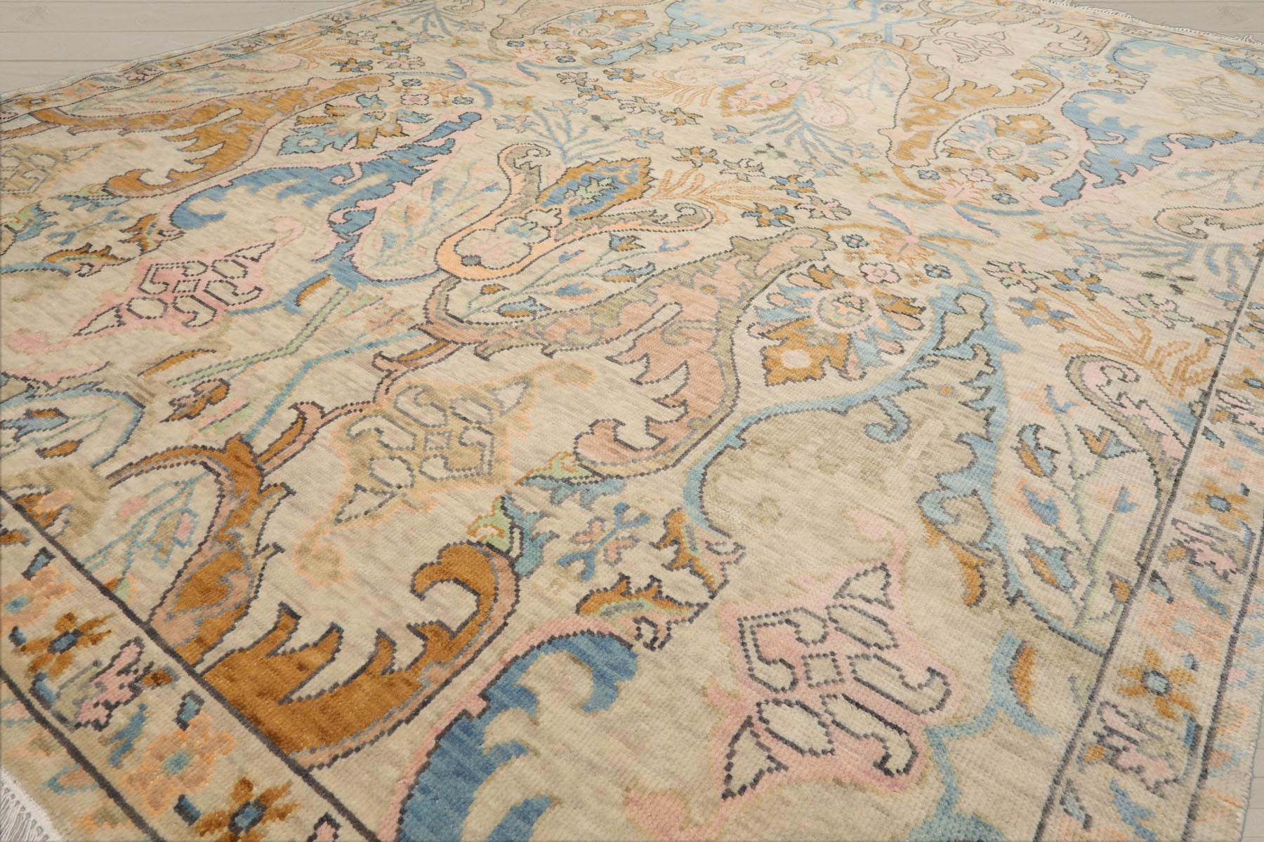 Multi Size Beige Blue Aqua Color Hand Knotted Oushak Wool Transitional Oriental Rug