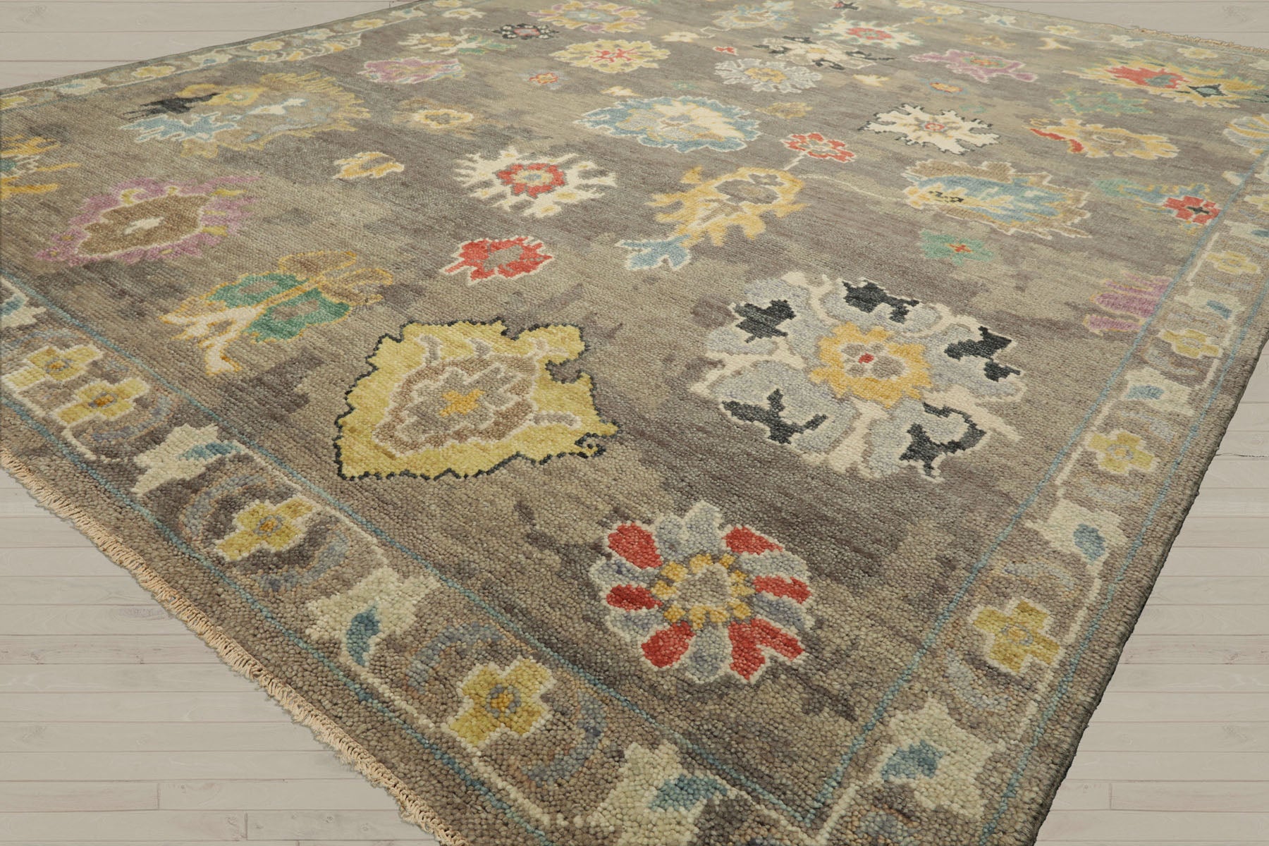 Multi Size Taupe Ivory Aqua Color Hand Knotted Oushak Wool Transitional Oriental Rug