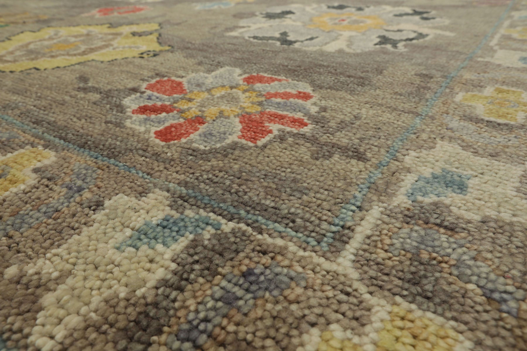 Multi Size Taupe Ivory Aqua Color Hand Knotted Oushak Wool Transitional Oriental Rug