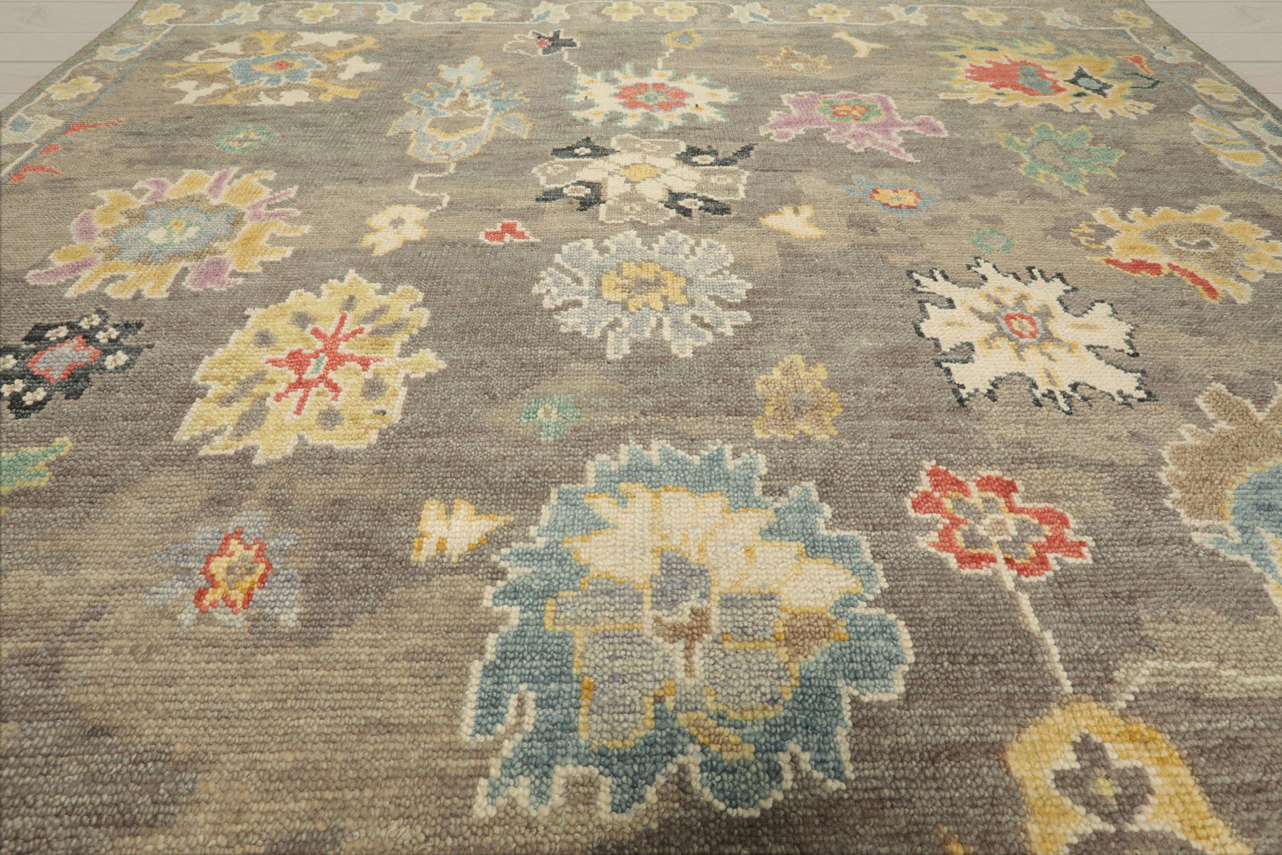 Multi Size Taupe Ivory Aqua Color Hand Knotted Oushak Wool Transitional Oriental Rug