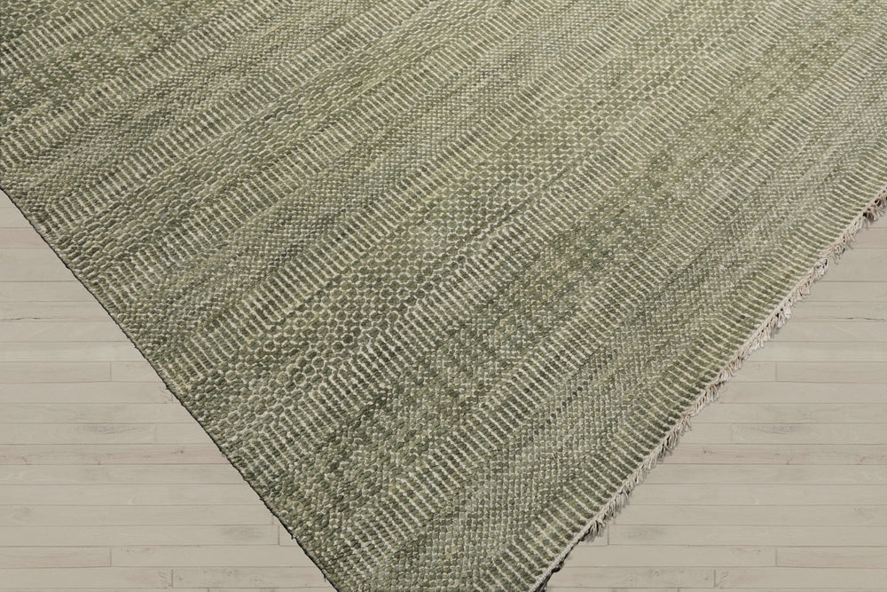 Multi Size Sage Ivory Color Hand Knotted Tibetan Wool & Bamboo Silk Contemporary Oriental Rug