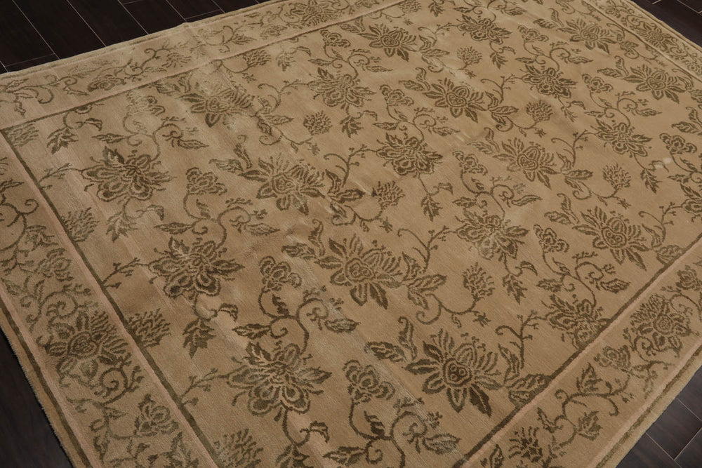 6x9 Tan, Moss, Color Hand Knotted Tibetan Wool & Silk Transitional Oriental Rug