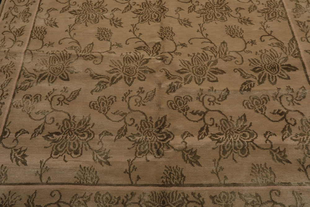 6x9 Tan, Moss, Color Hand Knotted Tibetan Wool & Silk Transitional Oriental Rug