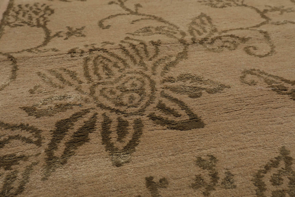 6x9 Tan, Moss, Color Hand Knotted Tibetan Wool & Silk Transitional Oriental Rug