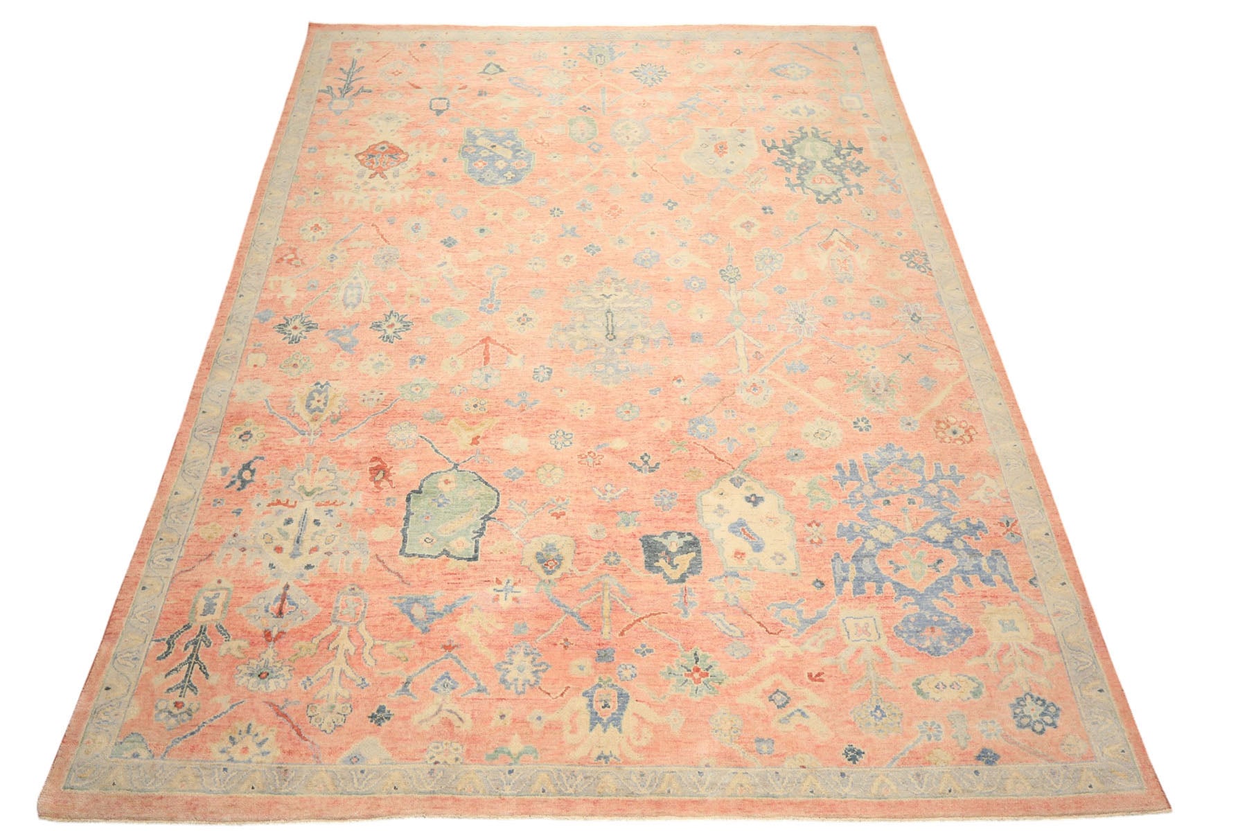 9x12 Blush, Blue, Mint Color Hand Knotted Oushak Wool Transitional Oriental Rug