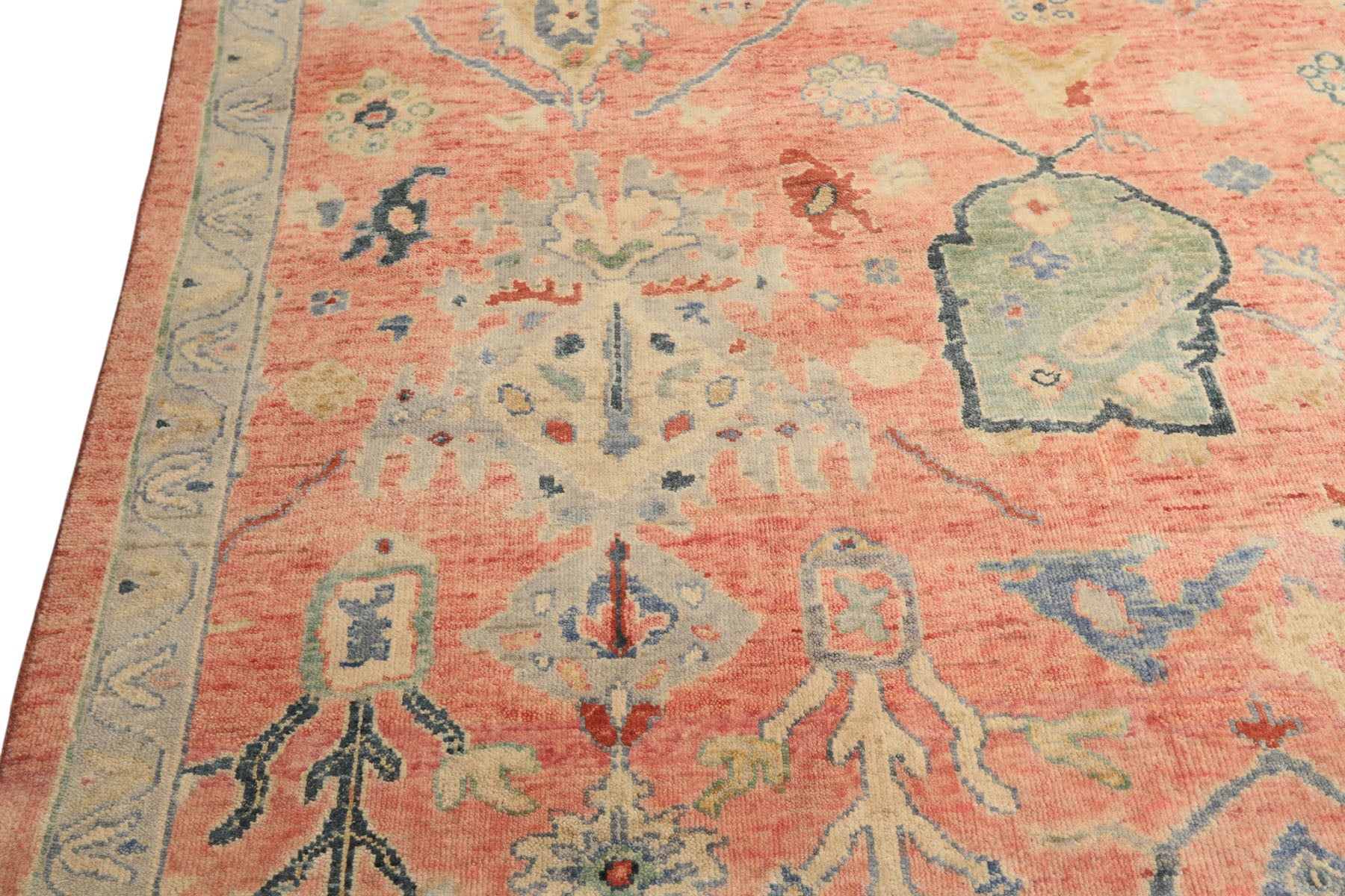 9x12 Blush, Blue, Mint Color Hand Knotted Oushak Wool Transitional Oriental Rug
