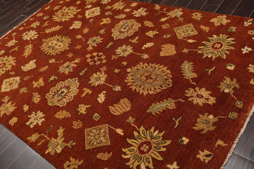 6x9 Burnt Orange, Gold, Aqua Color Hand Knotted  100% Wool Traditional Oriental Rug