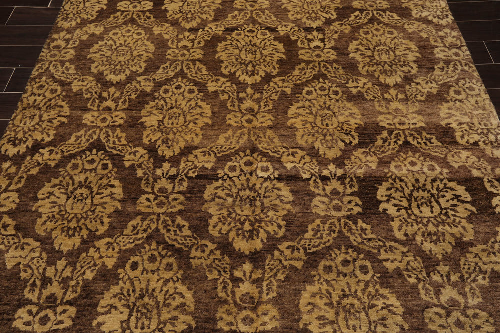 6x9 Brown, Light Gold, Color Hand Knotted  100% Wool Transitional Oriental Rug